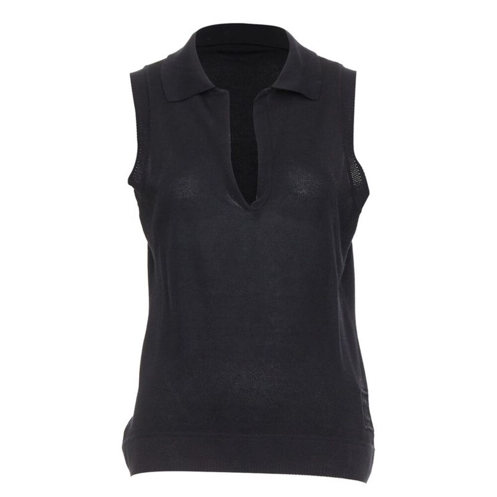 Chanel black CC logo sleeveless white trim knit polo top